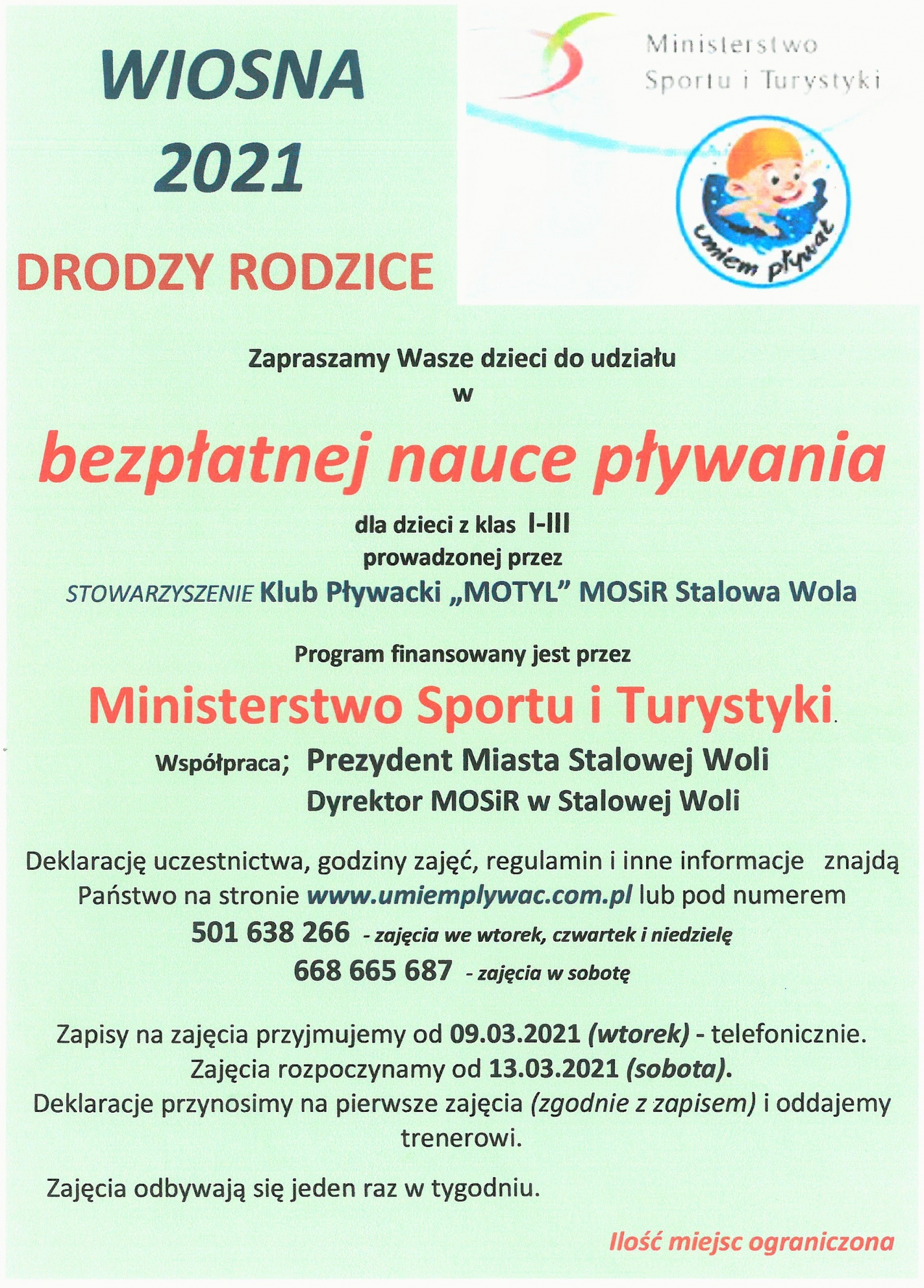 Plakat nt. bezpłatnej nauki pływania organizowany przez Stowarzyszenie Klub Pływacki "MOTYL"