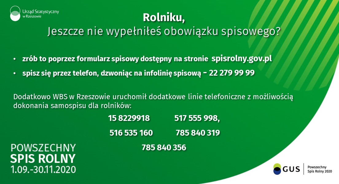 Na zielonym tle informacja o Powszechnym Spisie Rolnym. Treśc z plakatu znajduje się pod grafiką.