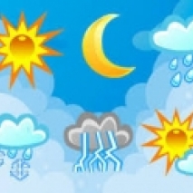 Na niebieskim tle ikony przedstawiające: słońce, księżyc, chmurę z deszczem, śniegiem, piorunami.