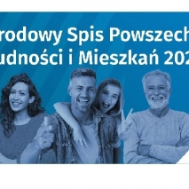 Baner: uśmiechnięta grupa osób w różnym wieku. Na niebieskim tle biały napis: Narodowy Spis Powszechny Ludności i Mieszkań 2021.